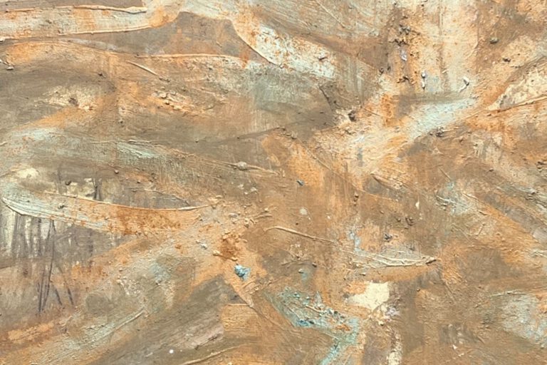 Detail of BOAT: Big Old Ancient Tree by Sarah Edgehill, ochre, gold and pale green brushstrokes