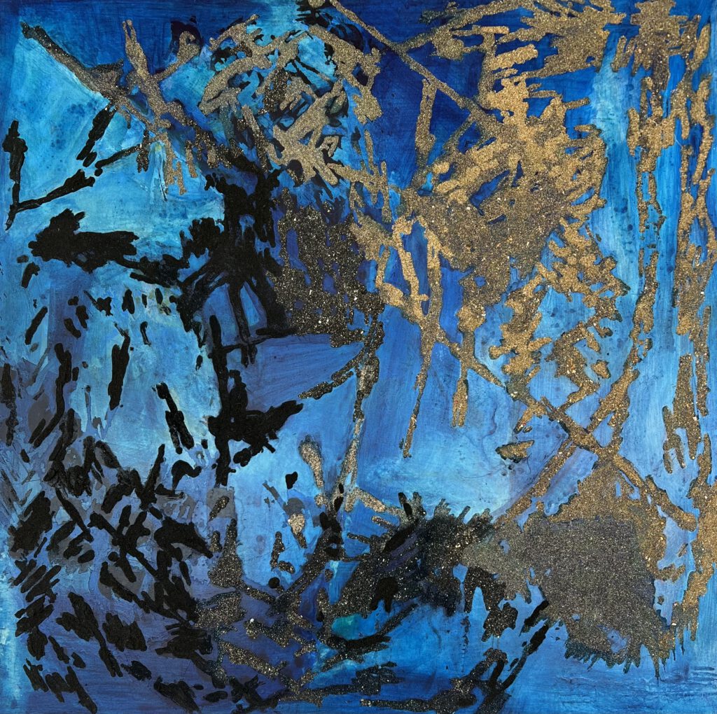 The Coastline Paradox by Sarah Edgehill, black and gold beach sands on a deep blue field