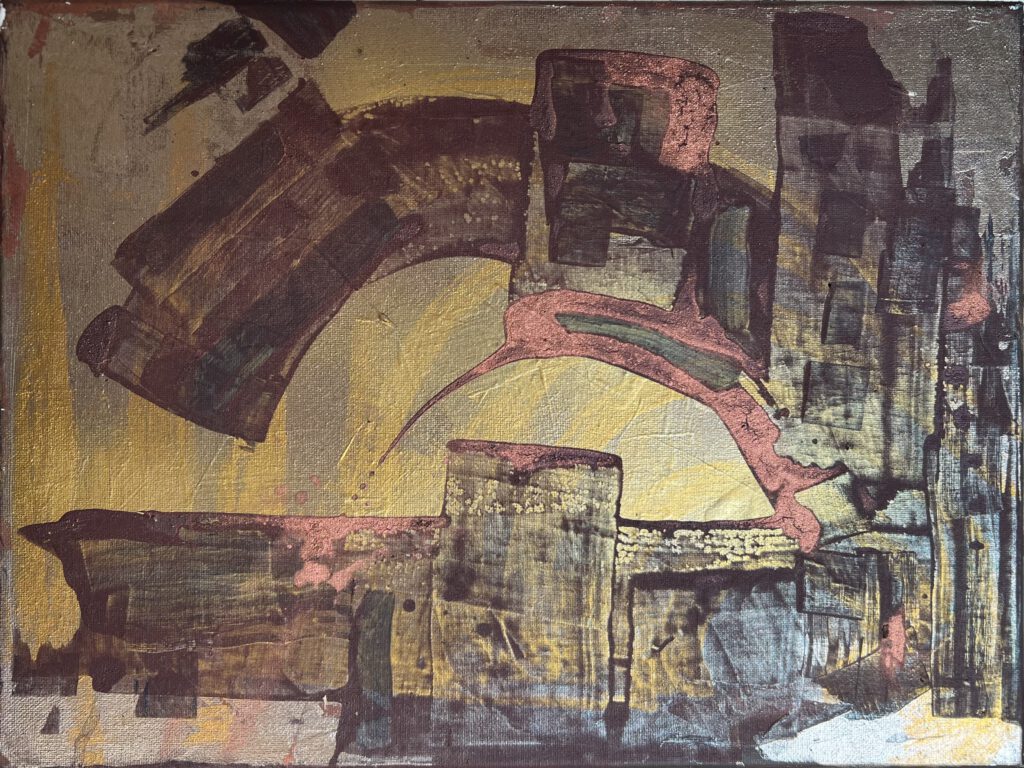 Sunbaked Viaduct by Sarah Edgehill, abstract painting in gold, copper and deep red