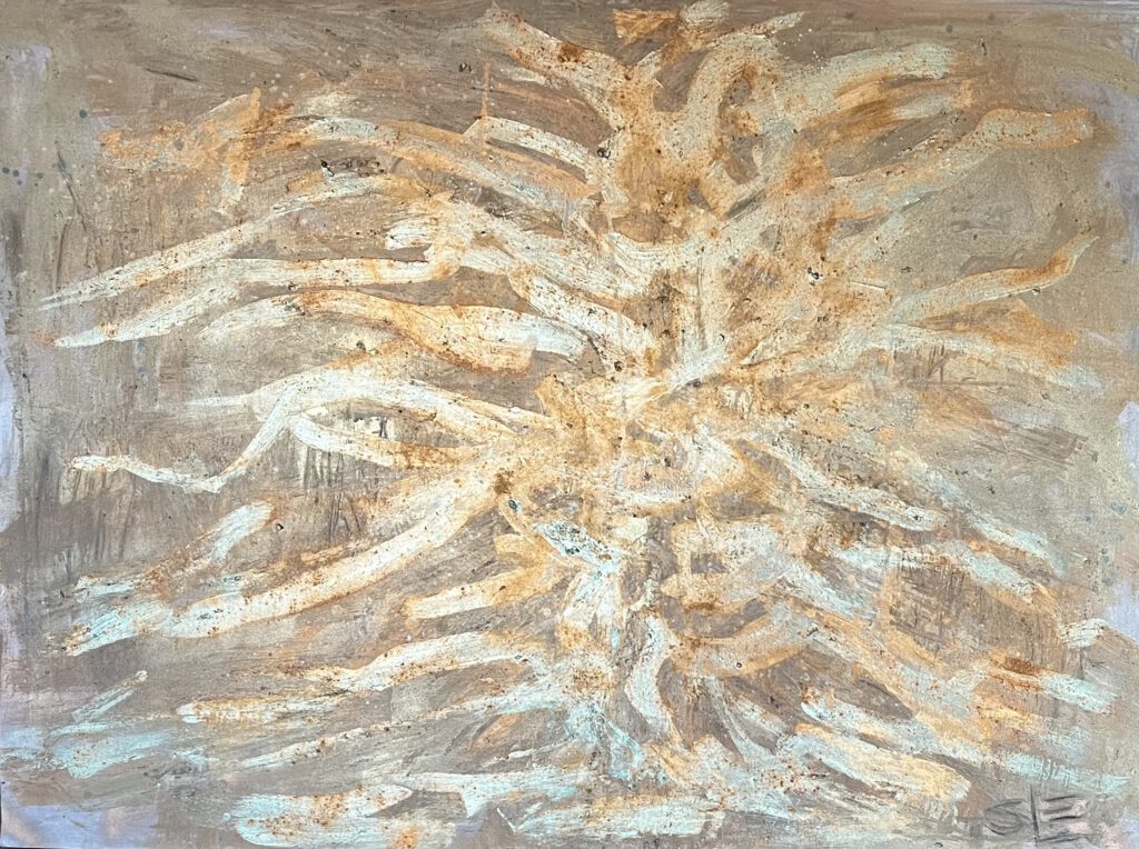 BOAT: Big Old Ancient Tree, large painting of a tree in ochre and pale green by Sarah Edgehill